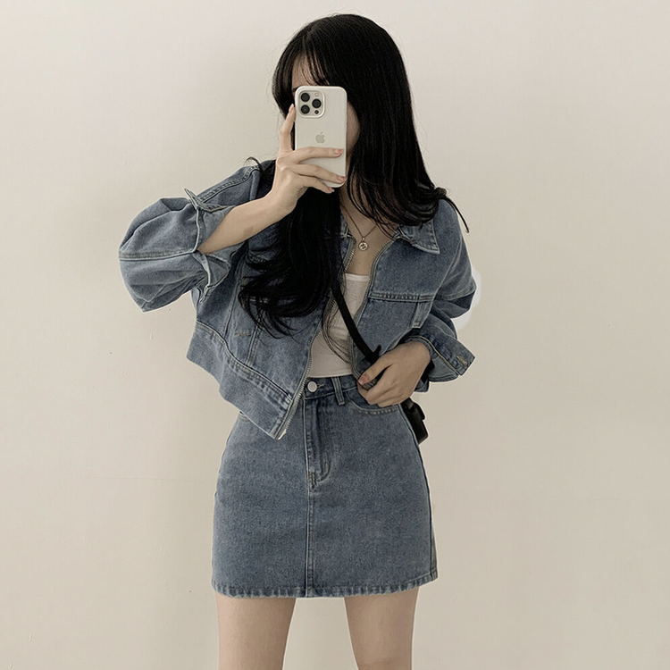 투웨이 데님 크롭자켓 미니스커트 투피스 세트 꽃놀이 나들이 소풍 데이트룩 청청 벚꽃룩 셋업 블루