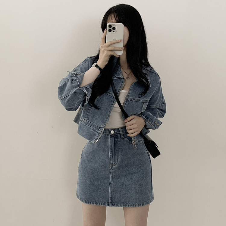 투웨이 데님 크롭자켓 미니스커트 투피스 세트 꽃놀이 나들이 소풍 데이트룩 청청 벚꽃룩 셋업 블루