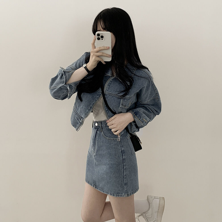 투웨이 데님 크롭자켓 미니스커트 투피스 세트 꽃놀이 나들이 소풍 데이트룩 청청 벚꽃룩 셋업 블루