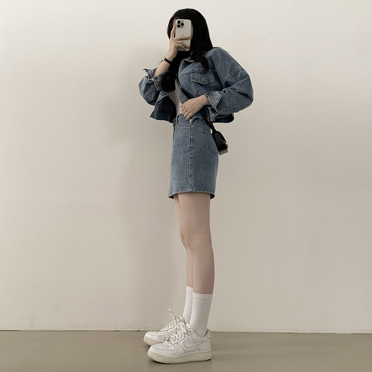 투웨이 데님 크롭자켓 미니스커트 투피스 세트 꽃놀이 나들이 소풍 데이트룩 청청 벚꽃룩 셋업 블루