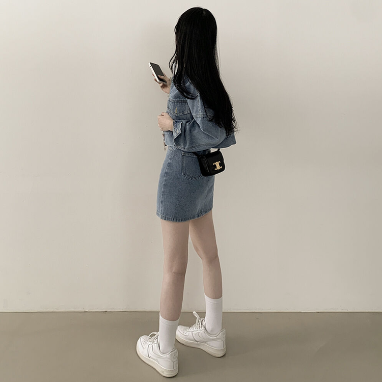 투웨이 데님 크롭자켓 미니스커트 투피스 세트 꽃놀이 나들이 소풍 데이트룩 청청 벚꽃룩 셋업 블루