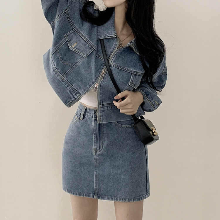 투웨이 데님 크롭자켓 미니스커트 투피스 세트 꽃놀이 나들이 소풍 데이트룩 청청 벚꽃룩 셋업 블루