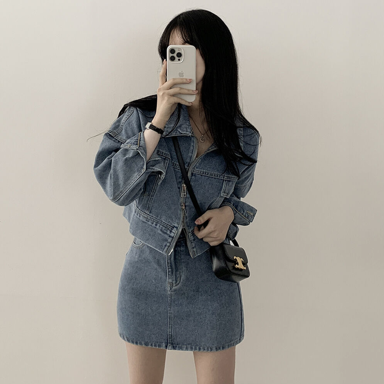 투웨이 데님 크롭자켓 미니스커트 투피스 세트 꽃놀이 나들이 소풍 데이트룩 청청 벚꽃룩 셋업 블루