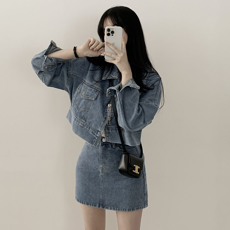 투웨이 데님 크롭자켓 미니스커트 투피스 세트 꽃놀이 나들이 소풍 데이트룩 청청 벚꽃룩 셋업 블루