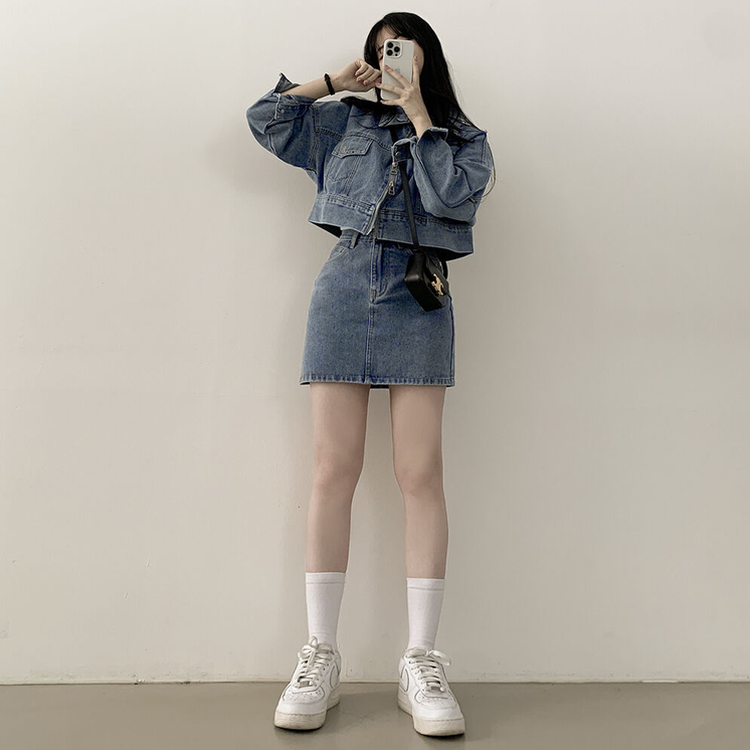 투웨이 데님 크롭자켓 미니스커트 투피스 세트 꽃놀이 나들이 소풍 데이트룩 청청 벚꽃룩 셋업 블루