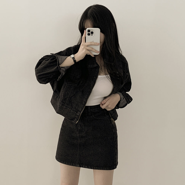 투웨이 데님 크롭자켓 미니스커트 투피스 세트 꽃놀이 나들이 소풍 데이트룩 청청 벚꽃룩 셋업 그레이