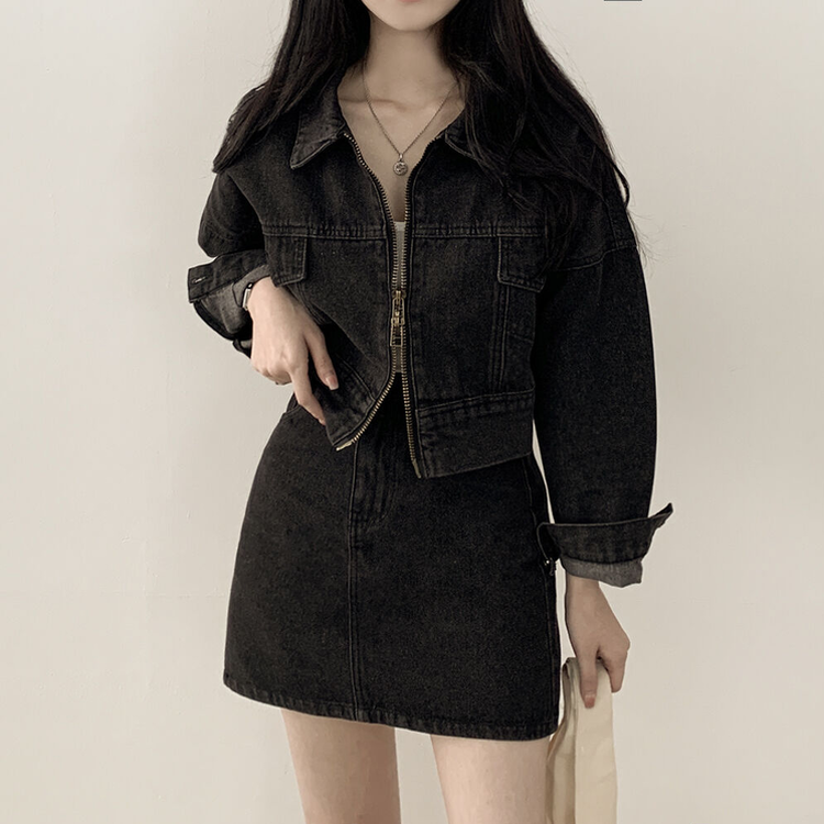 투웨이 데님 크롭자켓 미니스커트 투피스 세트 꽃놀이 나들이 소풍 데이트룩 청청 벚꽃룩 셋업 그레이