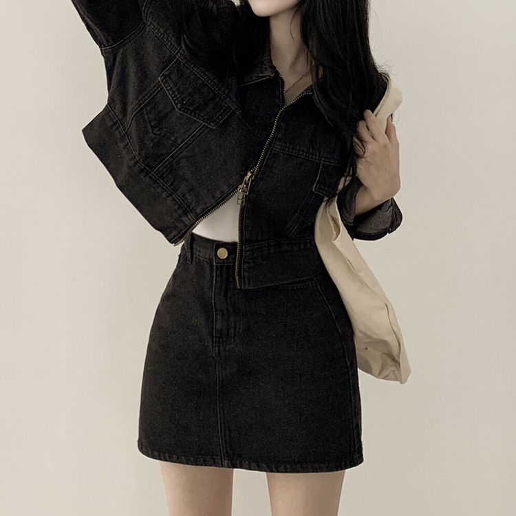 투웨이 데님 크롭자켓 미니스커트 투피스 세트 꽃놀이 나들이 소풍 데이트룩 청청 벚꽃룩 셋업 그레이