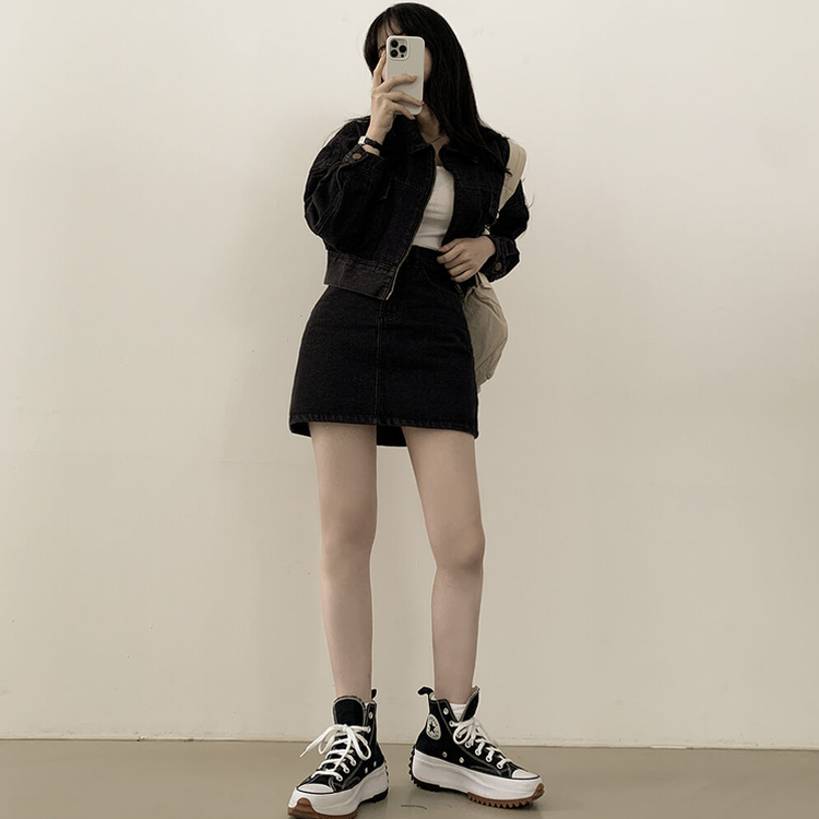 투웨이 데님 크롭자켓 미니스커트 투피스 세트 꽃놀이 나들이 소풍 데이트룩 청청 벚꽃룩 셋업 그레이