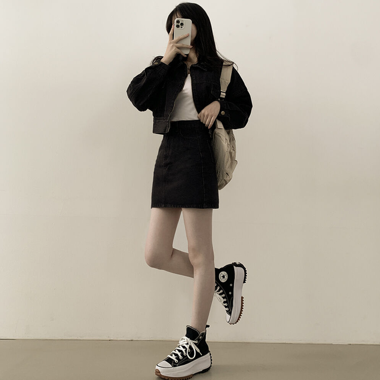 투웨이 데님 크롭자켓 미니스커트 투피스 세트 꽃놀이 나들이 소풍 데이트룩 청청 벚꽃룩 셋업 그레이