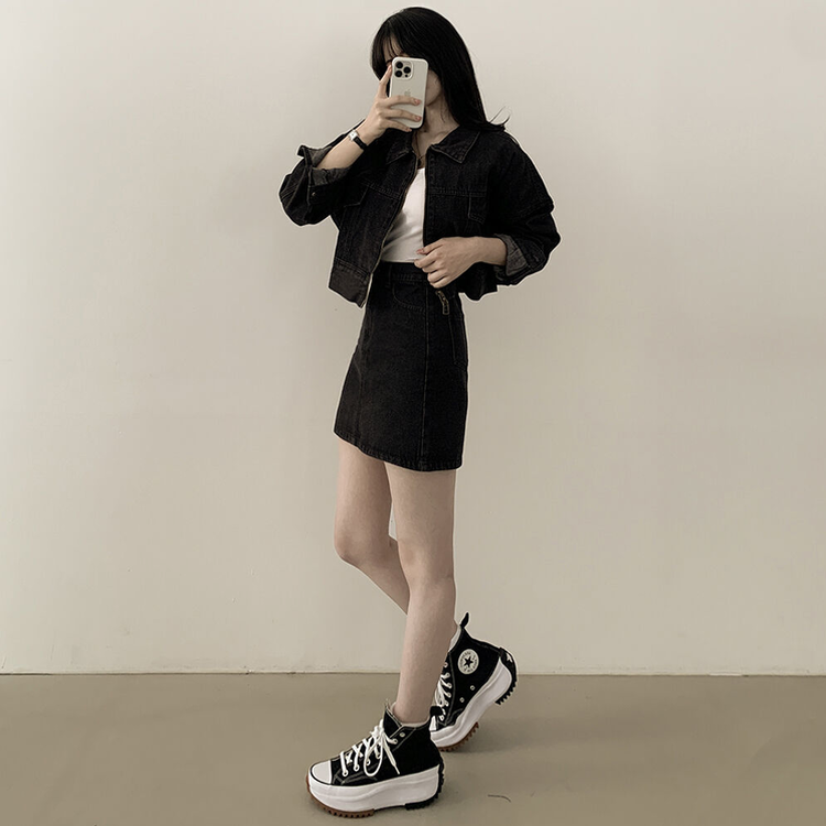 투웨이 데님 크롭자켓 미니스커트 투피스 세트 꽃놀이 나들이 소풍 데이트룩 청청 벚꽃룩 셋업 그레이