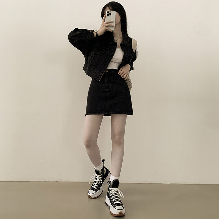 투웨이 데님 크롭자켓 미니스커트 투피스 세트 꽃놀이 나들이 소풍 데이트룩 청청 벚꽃룩 셋업 그레이