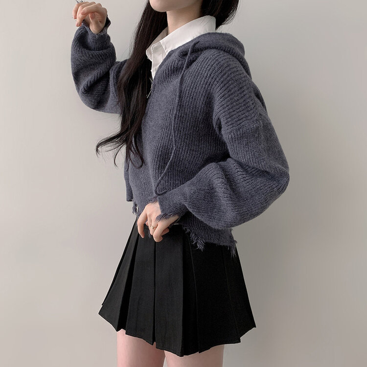 GRAPE ニット　ブッツ　リボン付き　2024新発売　y2k Y2Kダメージリブフードルーズフィットハーフジップアップニット