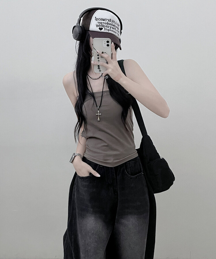 11할인폴리스퀘어캡내장패드끈나시 브라운