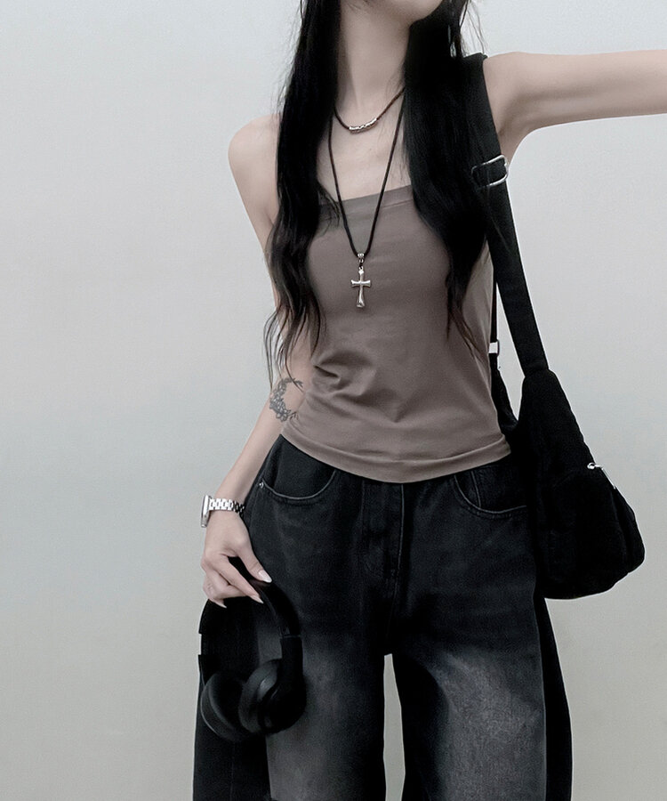 11할인폴리스퀘어캡내장패드끈나시 브라운