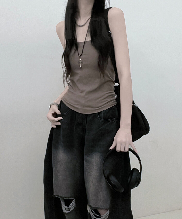 11할인폴리스퀘어캡내장패드끈나시 브라운