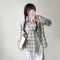 クローバーカラーオーバーフィットコットンチェック長袖シャツ GREEN