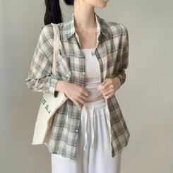 クローバーカラーオーバーフィットコットンチェック長袖シャツ GREEN