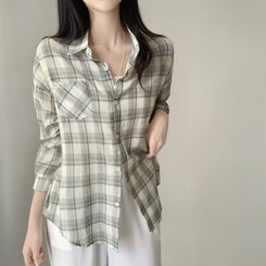 クローバーカラーオーバーフィットコットンチェック長袖シャツ GREEN