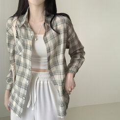 クローバーカラーオーバーフィットコットンチェック長袖シャツ GREEN