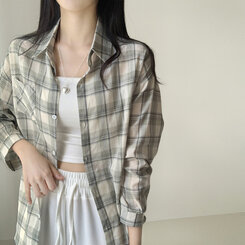 クローバーカラーオーバーフィットコットンチェック長袖シャツ GREEN