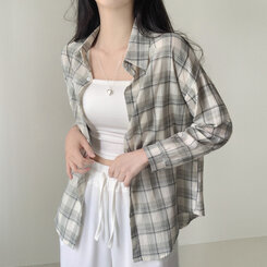 クローバーカラーオーバーフィットコットンチェック長袖シャツ GREEN