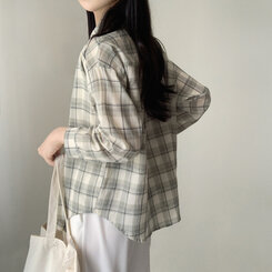 クローバーカラーオーバーフィットコットンチェック長袖シャツ GREEN