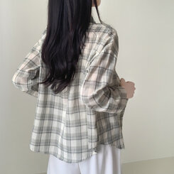 クローバーカラーオーバーフィットコットンチェック長袖シャツ GREEN