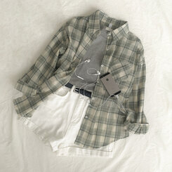 クローバーカラーオーバーフィットコットンチェック長袖シャツ