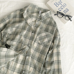 クローバーカラーオーバーフィットコットンチェック長袖シャツ