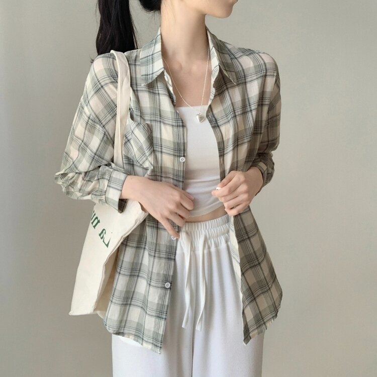 クローバーカラーオーバーフィットコットンチェック長袖シャツ GREEN