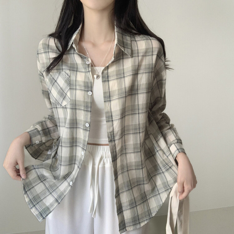 クローバーカラーオーバーフィットコットンチェック長袖シャツ GREEN