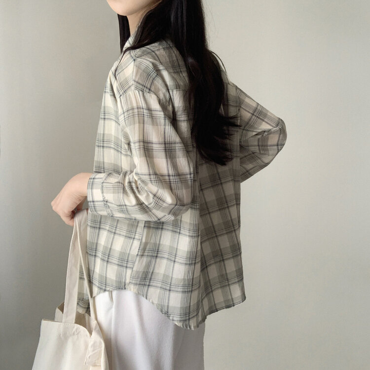 クローバーカラーオーバーフィットコットンチェック長袖シャツ GREEN