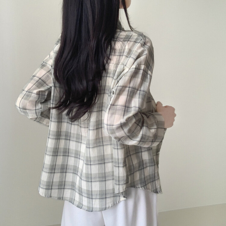 クローバーカラーオーバーフィットコットンチェック長袖シャツ GREEN