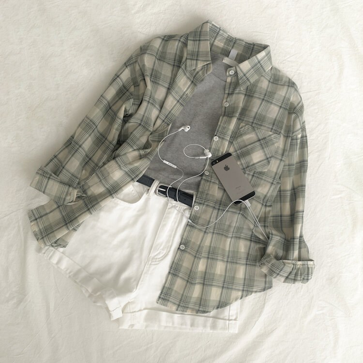 クローバーカラーオーバーフィットコットンチェック長袖シャツ