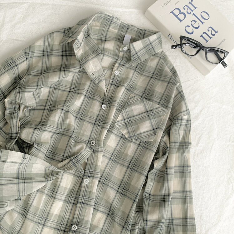 クローバーカラーオーバーフィットコットンチェック長袖シャツ