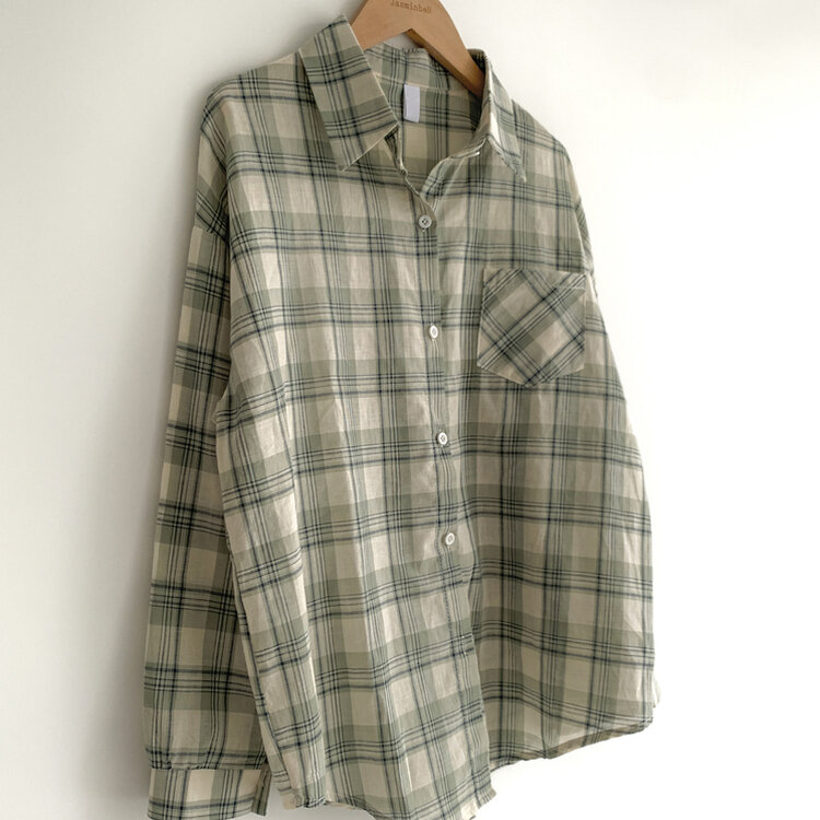 クローバーカラーオーバーフィットコットンチェック長袖シャツ