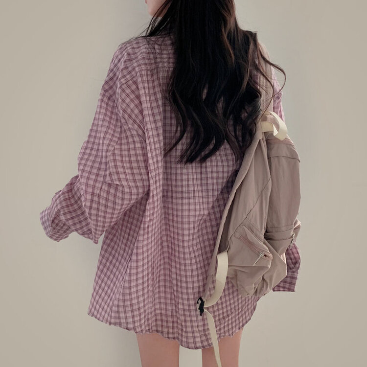 러브레터 시어서커 오버핏 체크셔츠남방 퍼플