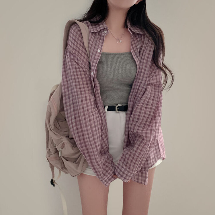 러브레터 시어서커 오버핏 체크셔츠남방 퍼플