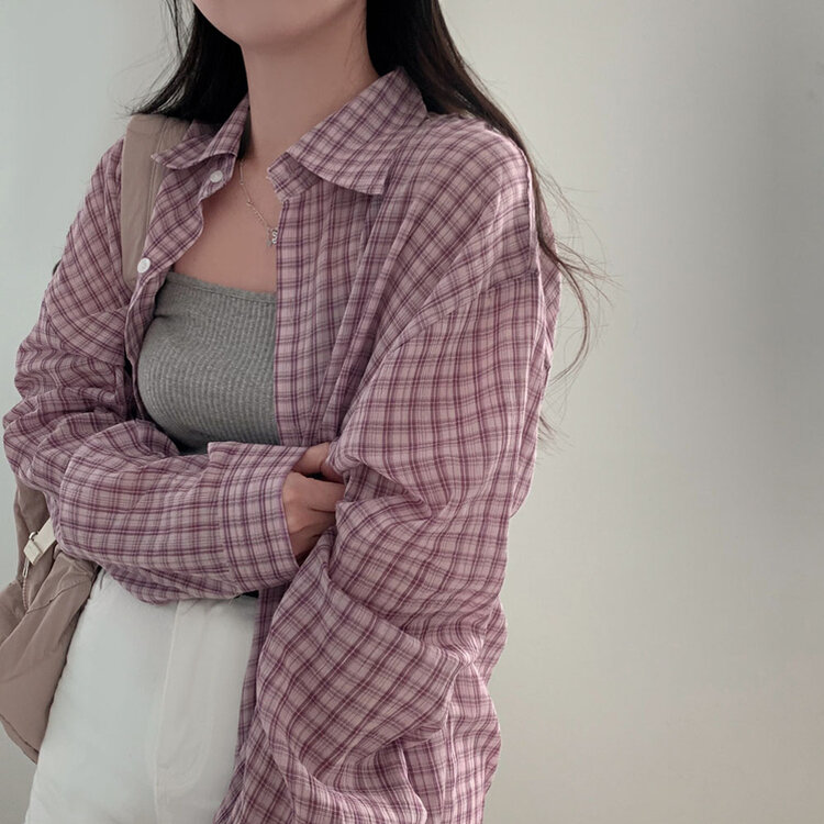 러브레터 시어서커 오버핏 체크셔츠남방 퍼플