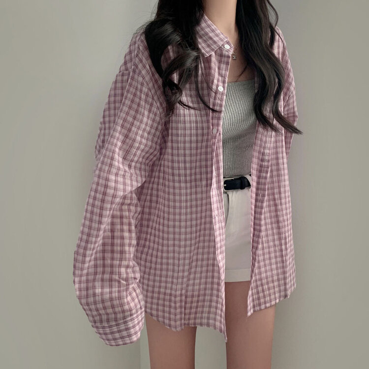 러브레터 시어서커 오버핏 체크셔츠남방 퍼플