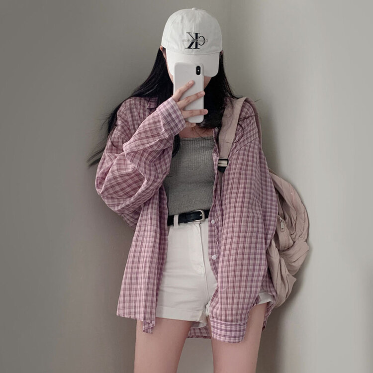 러브레터 시어서커 오버핏 체크셔츠남방 퍼플