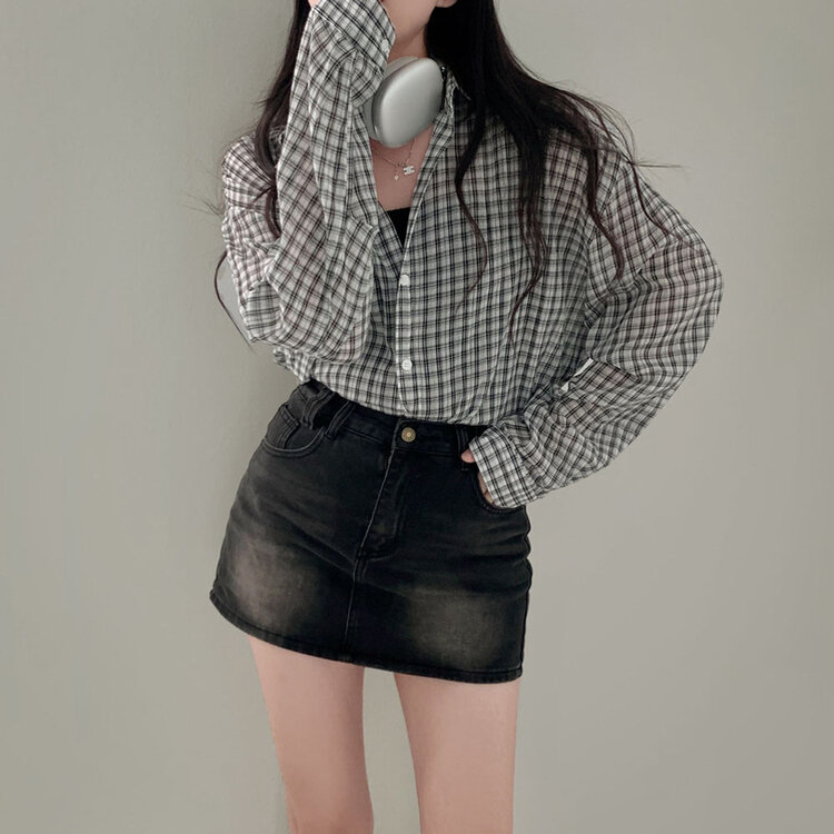 러브레터 시어서커 오버핏 체크셔츠남방 아이보리