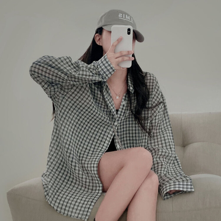 러브레터 시어서커 오버핏 체크셔츠남방 아이보리