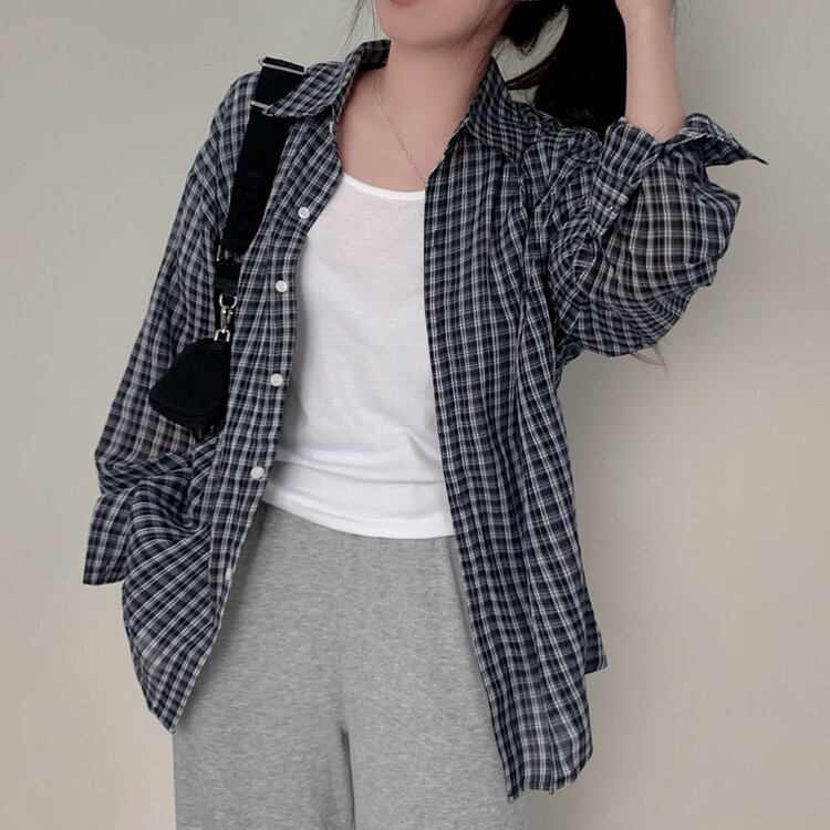 러브레터 시어서커 오버핏 체크셔츠남방 네이비