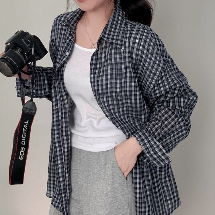 러브레터 시어서커 오버핏 체크셔츠남방 네이비