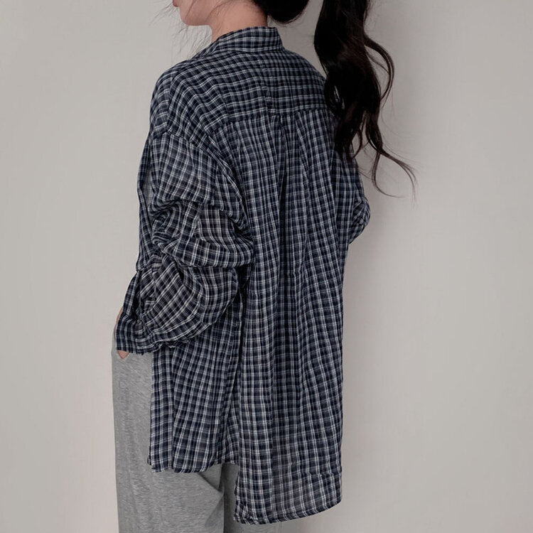 러브레터 시어서커 오버핏 체크셔츠남방 네이비