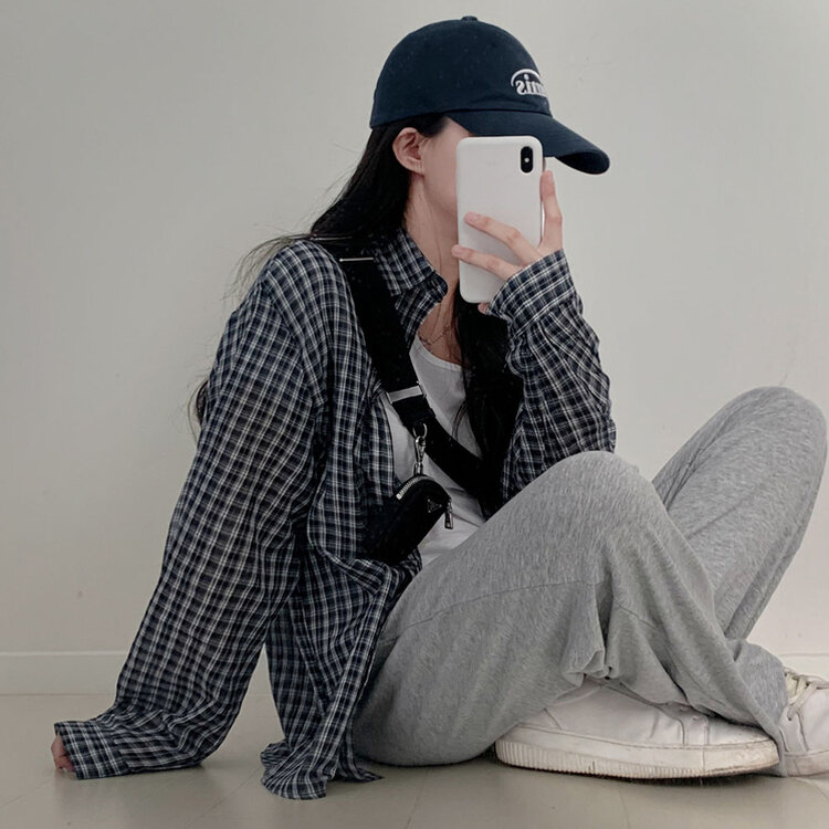 러브레터 시어서커 오버핏 체크셔츠남방 네이비