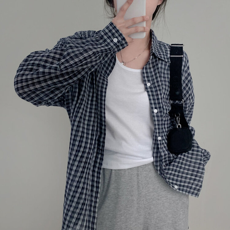 러브레터 시어서커 오버핏 체크셔츠남방 네이비
