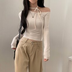 リボンチョーカー長袖Tシャツ IVORY